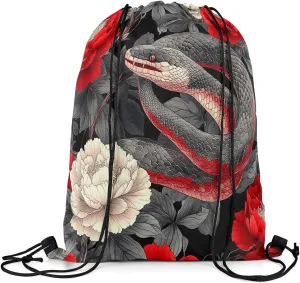 Japanese Ukiyo-E Style Drawstring Backpack 13x15.7, Japanese Snake Foldable String Bag, Peony Flowers Floral Sackpack For Sport Gym, Animals Botanical Cinch Bags