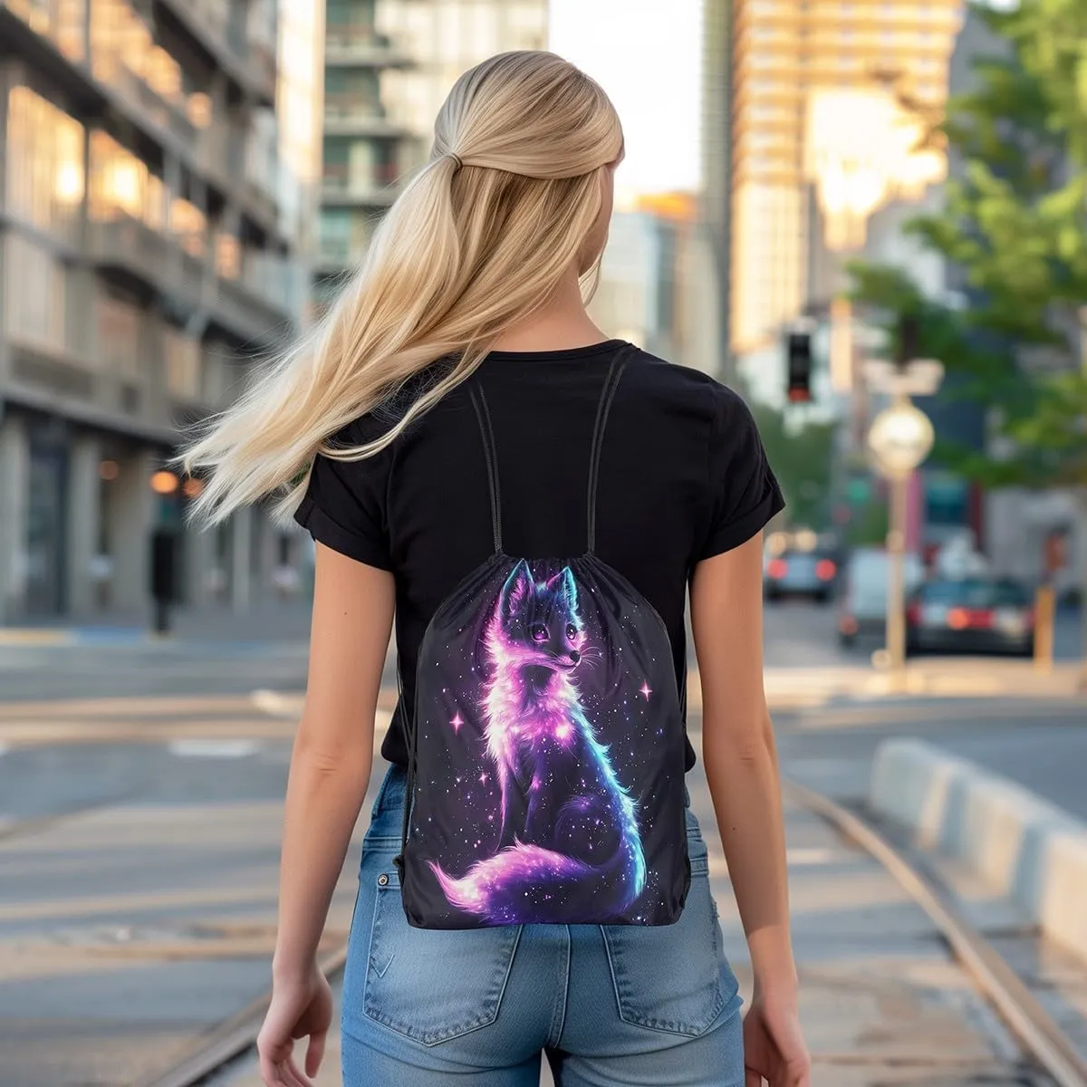 jejeloiu Cute Fox Drawstring Backpack 13"x15.7" Cartoon Fox Galaxy Sports Gym String Bag Animal Outer Space Drawstring Bags Woodland Fox Waterproof Cinch Bag Sports Drawstring Sackpack