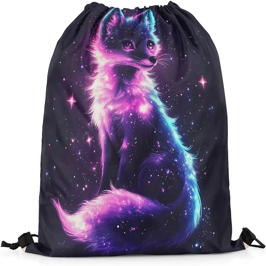 jejeloiu Cute Fox Drawstring Backpack 13"x15.7" Cartoon Fox Galaxy Sports Gym String Bag Animal Outer Space Drawstring Bags Woodland Fox Waterproof Cinch Bag Sports Drawstring Sackpack