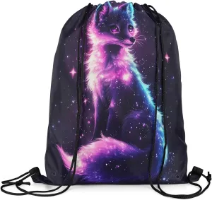 jejeloiu Cute Fox Drawstring Backpack 13"x15.7" Cartoon Fox Galaxy Sports Gym String Bag Animal Outer Space Drawstring Bags Woodland Fox Waterproof Cinch Bag Sports Drawstring Sackpack