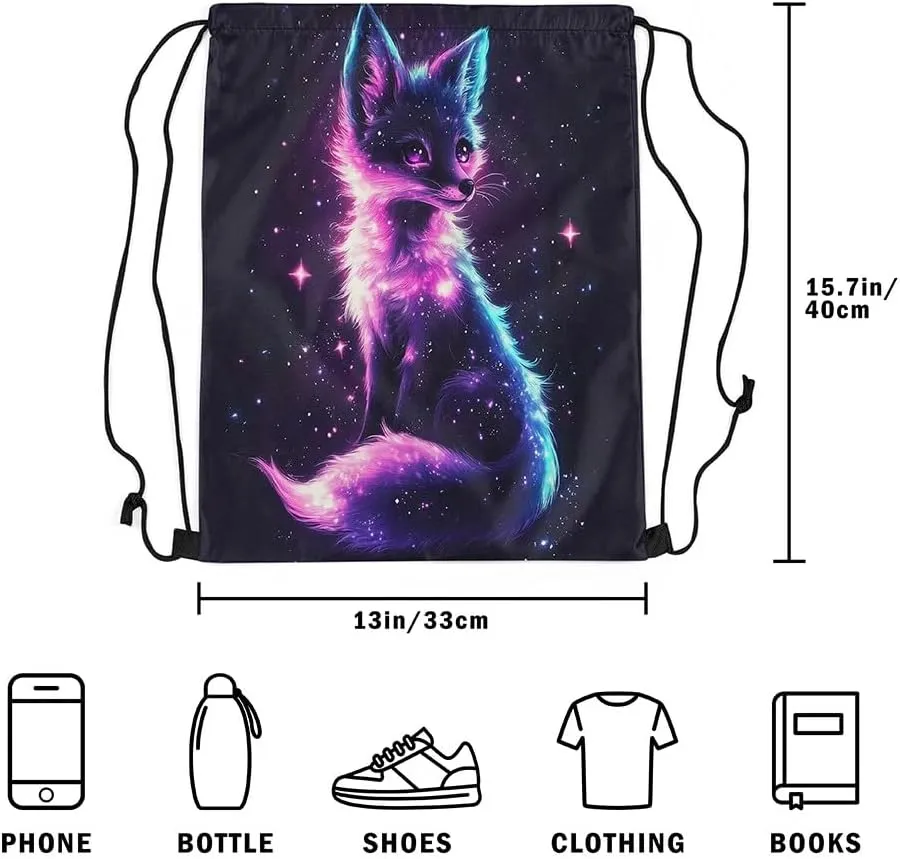 jejeloiu Cute Fox Drawstring Backpack 13"x15.7" Cartoon Fox Galaxy Sports Gym String Bag Animal Outer Space Drawstring Bags Woodland Fox Waterproof Cinch Bag Sports Drawstring Sackpack