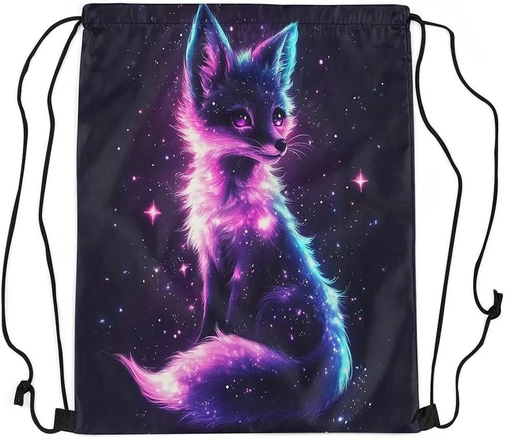 jejeloiu Cute Fox Drawstring Backpack 13"x15.7" Cartoon Fox Galaxy Sports Gym String Bag Animal Outer Space Drawstring Bags Woodland Fox Waterproof Cinch Bag Sports Drawstring Sackpack