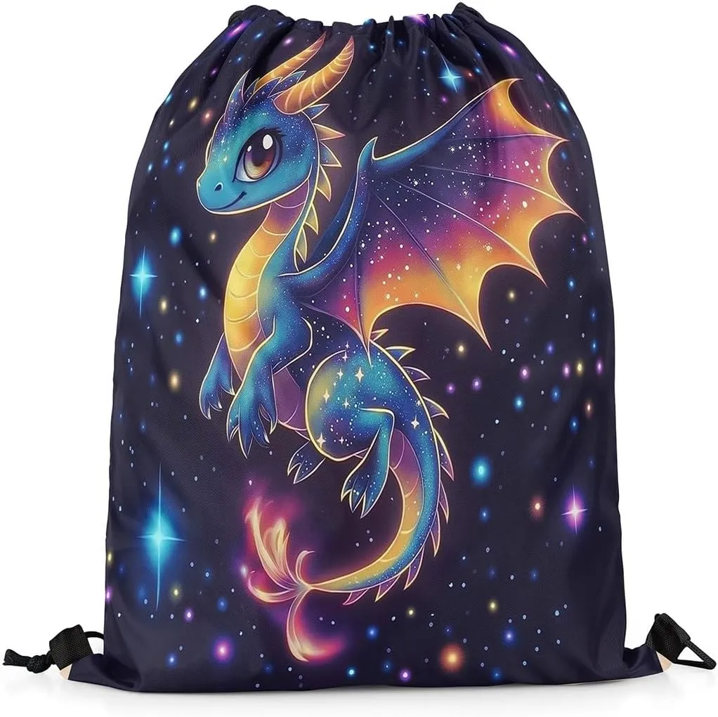 jejeloiu Dragon Drawstring Backpack 13"x15.7" Western Dragon Galaxy Sports Gym String Bag Fantasy Theme Drawstring Bags Magic Outer Space Waterproof Cinch Bag Sports Drawstring Sackpack