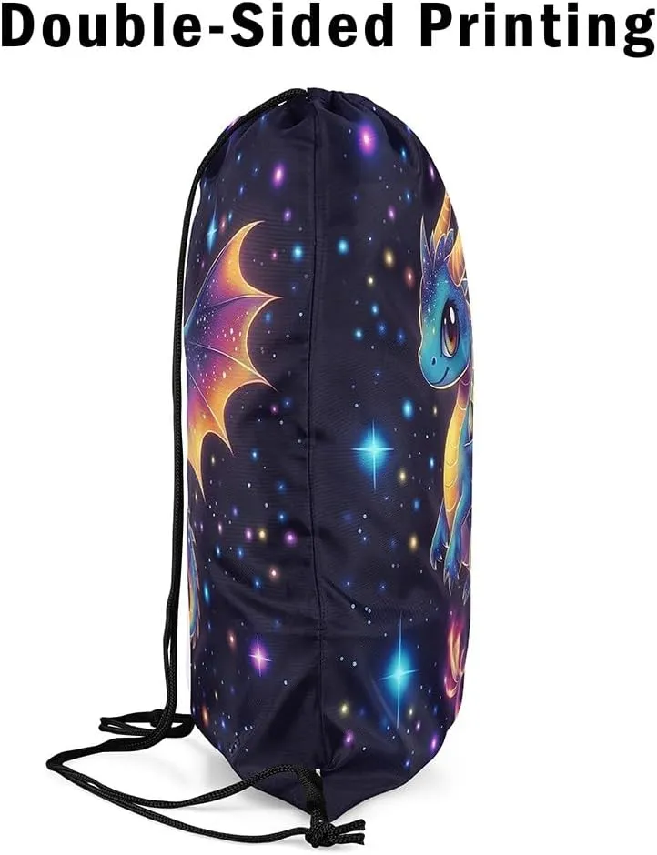 jejeloiu Dragon Drawstring Backpack 13"x15.7" Western Dragon Galaxy Sports Gym String Bag Fantasy Theme Drawstring Bags Magic Outer Space Waterproof Cinch Bag Sports Drawstring Sackpack