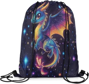 jejeloiu Dragon Drawstring Backpack 13"x15.7" Western Dragon Galaxy Sports Gym String Bag Fantasy Theme Drawstring Bags Magic Outer Space Waterproof Cinch Bag Sports Drawstring Sackpack