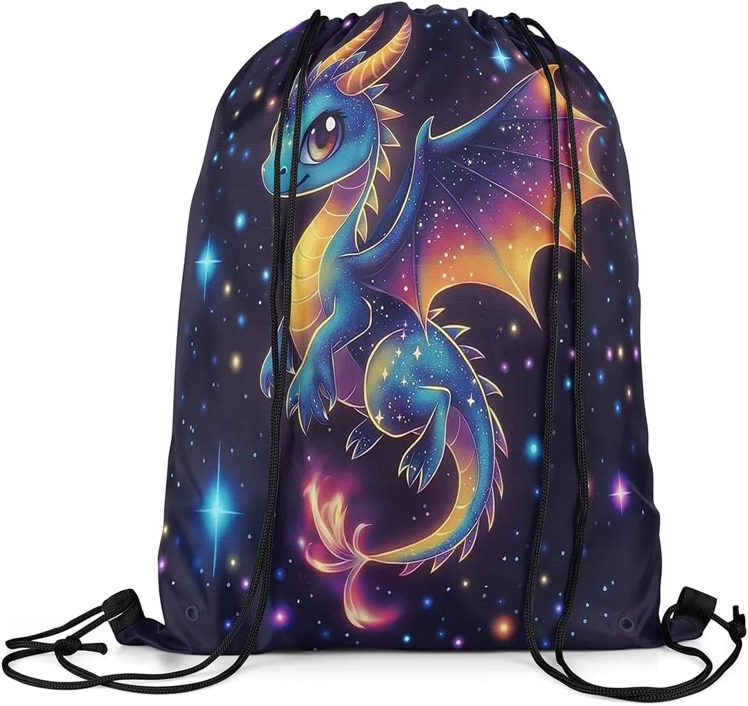 jejeloiu Dragon Drawstring Backpack 13"x15.7" Western Dragon Galaxy Sports Gym String Bag Fantasy Theme Drawstring Bags Magic Outer Space Waterproof Cinch Bag Sports Drawstring Sackpack