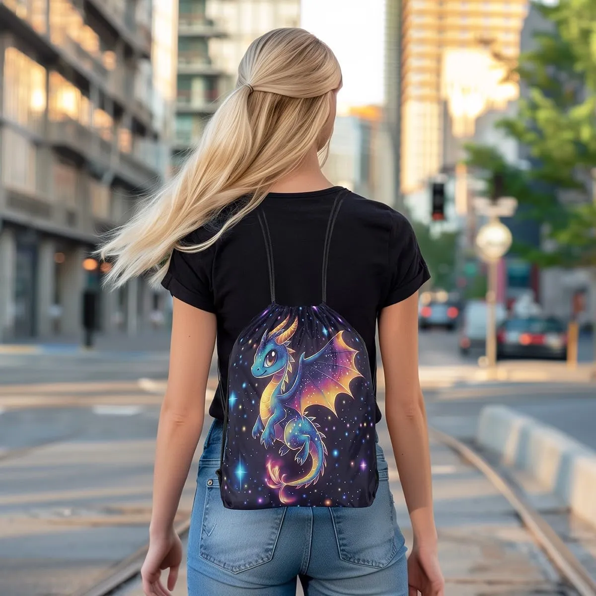 jejeloiu Dragon Drawstring Backpack 13"x15.7" Western Dragon Galaxy Sports Gym String Bag Fantasy Theme Drawstring Bags Magic Outer Space Waterproof Cinch Bag Sports Drawstring Sackpack