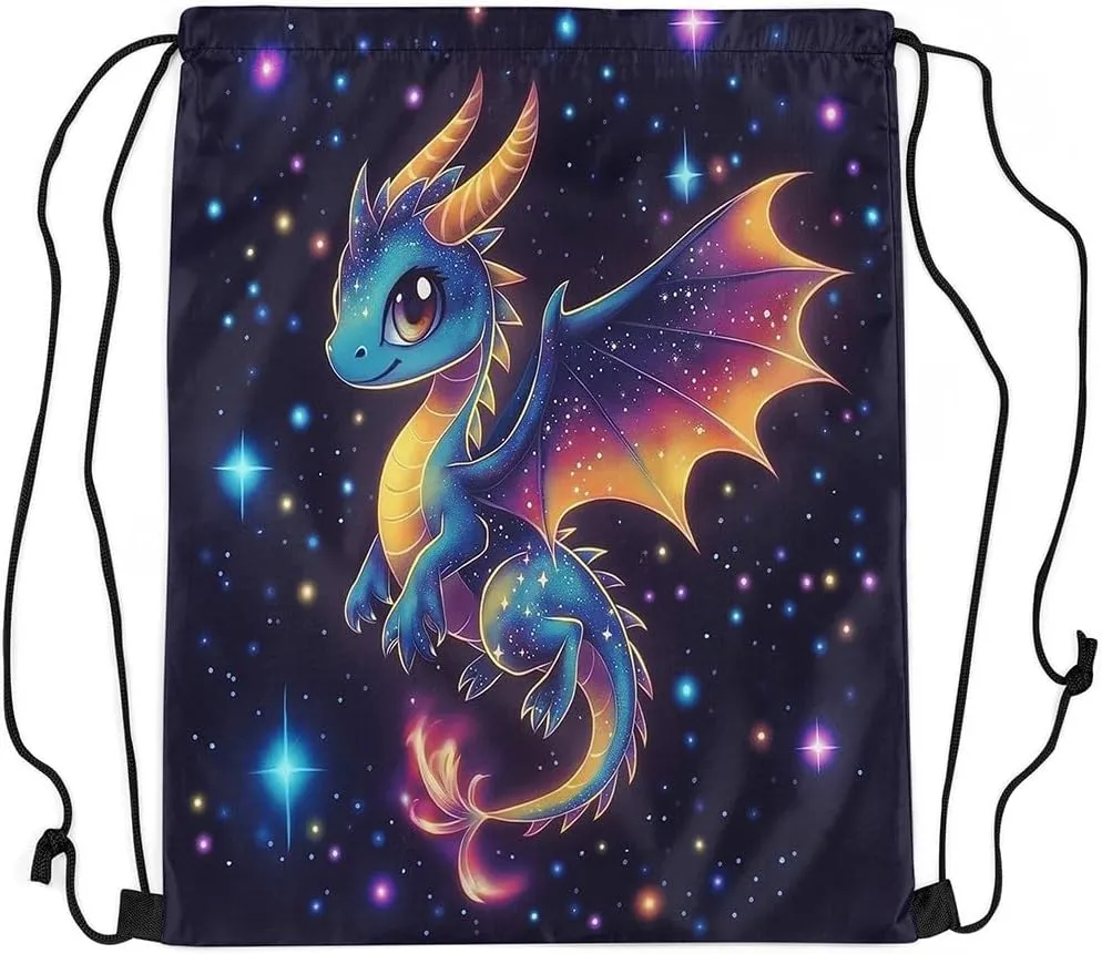 jejeloiu Dragon Drawstring Backpack 13"x15.7" Western Dragon Galaxy Sports Gym String Bag Fantasy Theme Drawstring Bags Magic Outer Space Waterproof Cinch Bag Sports Drawstring Sackpack