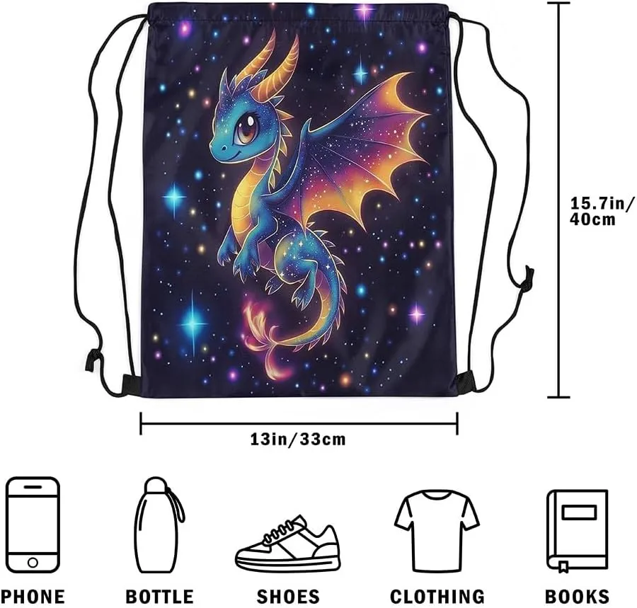 jejeloiu Dragon Drawstring Backpack 13"x15.7" Western Dragon Galaxy Sports Gym String Bag Fantasy Theme Drawstring Bags Magic Outer Space Waterproof Cinch Bag Sports Drawstring Sackpack