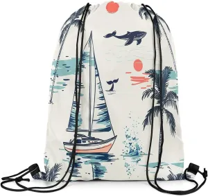 jejeloiu Nautical Drawstring Backpack 13"x15.7" Palm Tree Sailboat Sports Gym String Bag Summer Theme Drawstring Bags Whale Sunset Waterproof Cinch Bag Sports Drawstring Sackpack