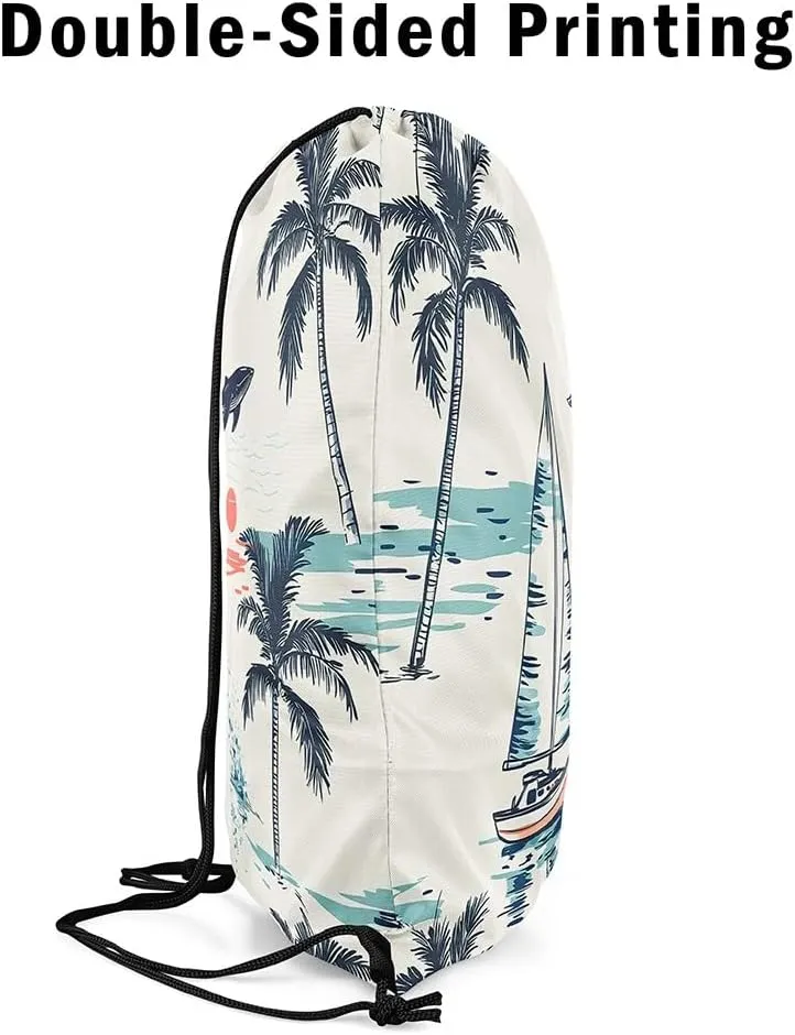 jejeloiu Nautical Drawstring Backpack 13"x15.7" Palm Tree Sailboat Sports Gym String Bag Summer Theme Drawstring Bags Whale Sunset Waterproof Cinch Bag Sports Drawstring Sackpack