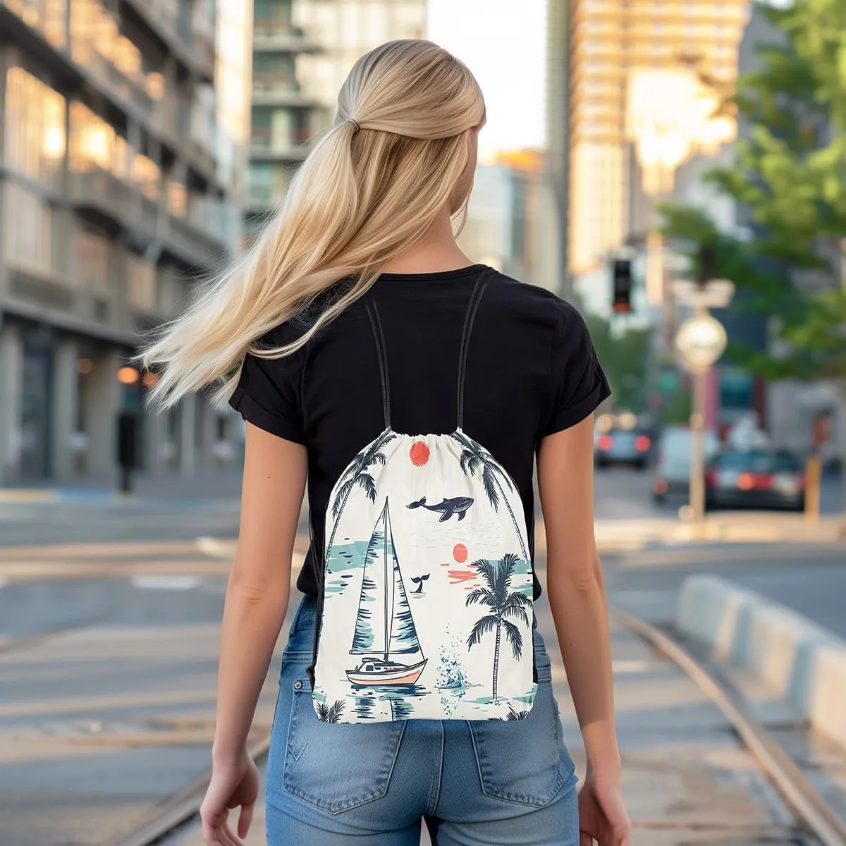 jejeloiu Nautical Drawstring Backpack 13"x15.7" Palm Tree Sailboat Sports Gym String Bag Summer Theme Drawstring Bags Whale Sunset Waterproof Cinch Bag Sports Drawstring Sackpack