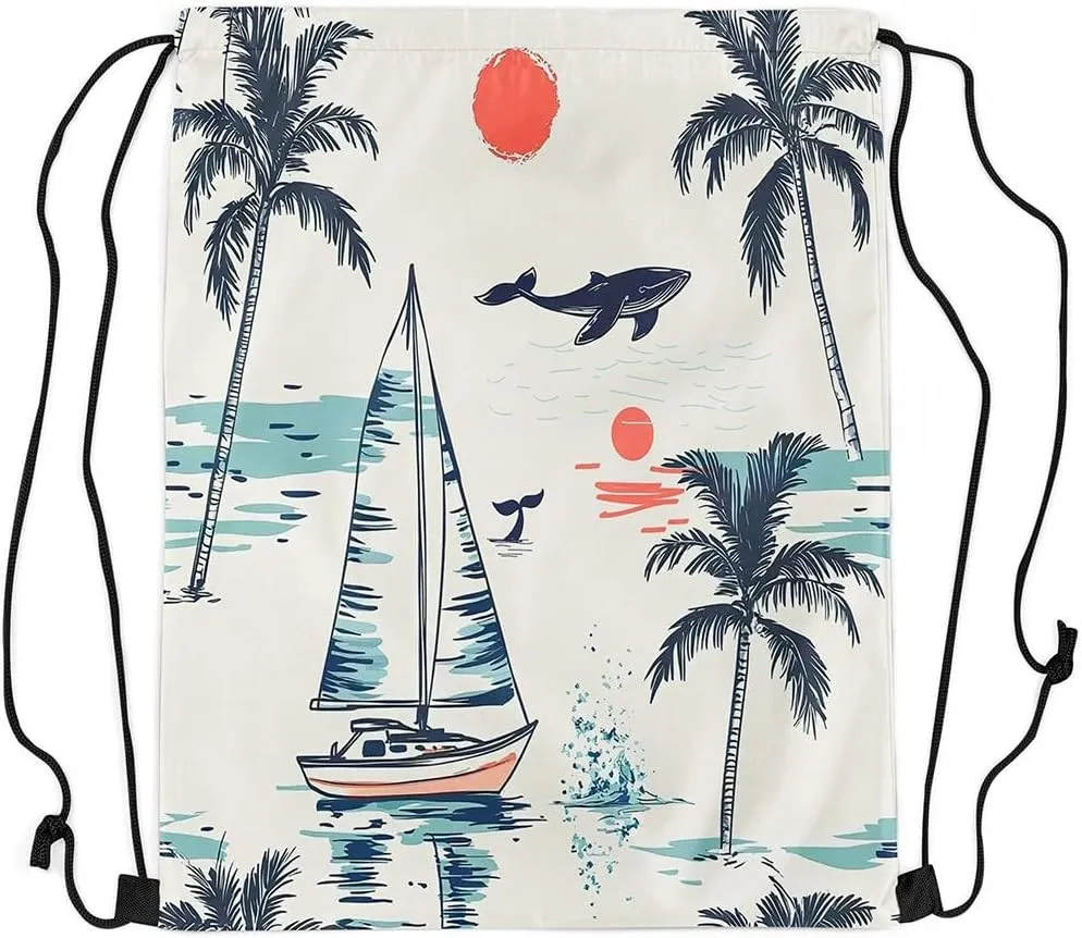 jejeloiu Nautical Drawstring Backpack 13"x15.7" Palm Tree Sailboat Sports Gym String Bag Summer Theme Drawstring Bags Whale Sunset Waterproof Cinch Bag Sports Drawstring Sackpack
