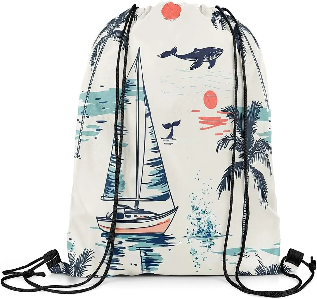 jejeloiu Nautical Drawstring Backpack 13"x15.7" Palm Tree Sailboat Sports Gym String Bag Summer Theme Drawstring Bags Whale Sunset Waterproof Cinch Bag Sports Drawstring Sackpack