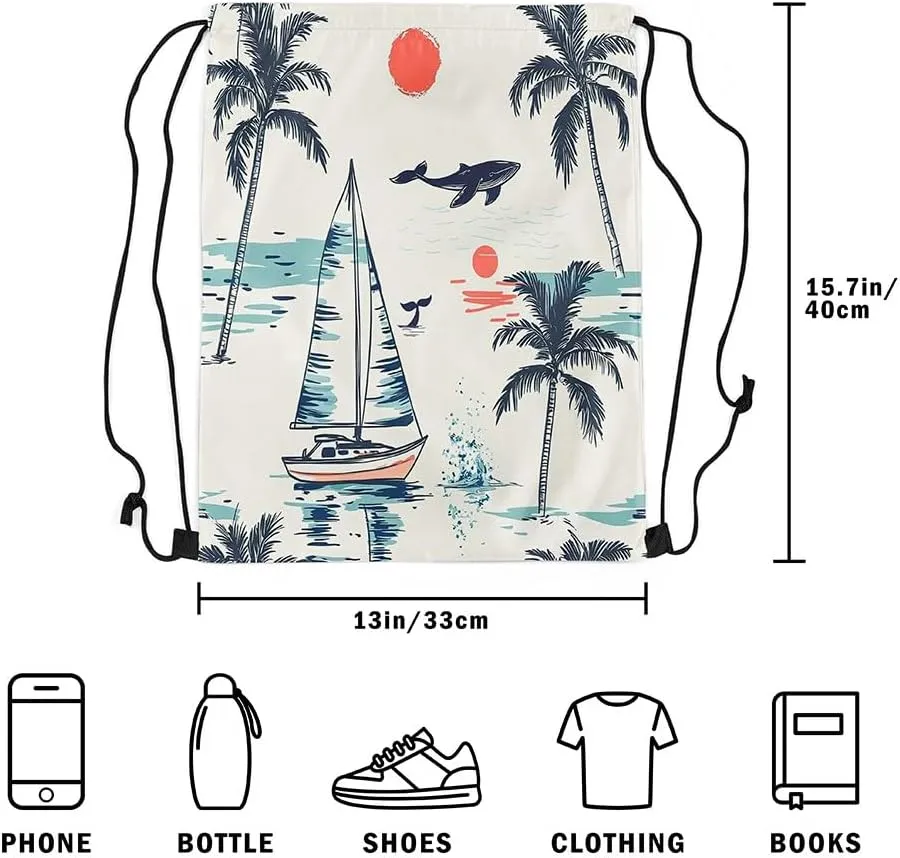 jejeloiu Nautical Drawstring Backpack 13"x15.7" Palm Tree Sailboat Sports Gym String Bag Summer Theme Drawstring Bags Whale Sunset Waterproof Cinch Bag Sports Drawstring Sackpack