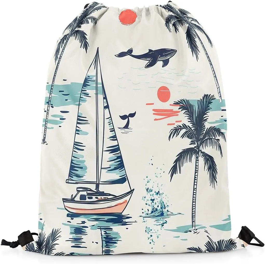 jejeloiu Nautical Drawstring Backpack 13"x15.7" Palm Tree Sailboat Sports Gym String Bag Summer Theme Drawstring Bags Whale Sunset Waterproof Cinch Bag Sports Drawstring Sackpack