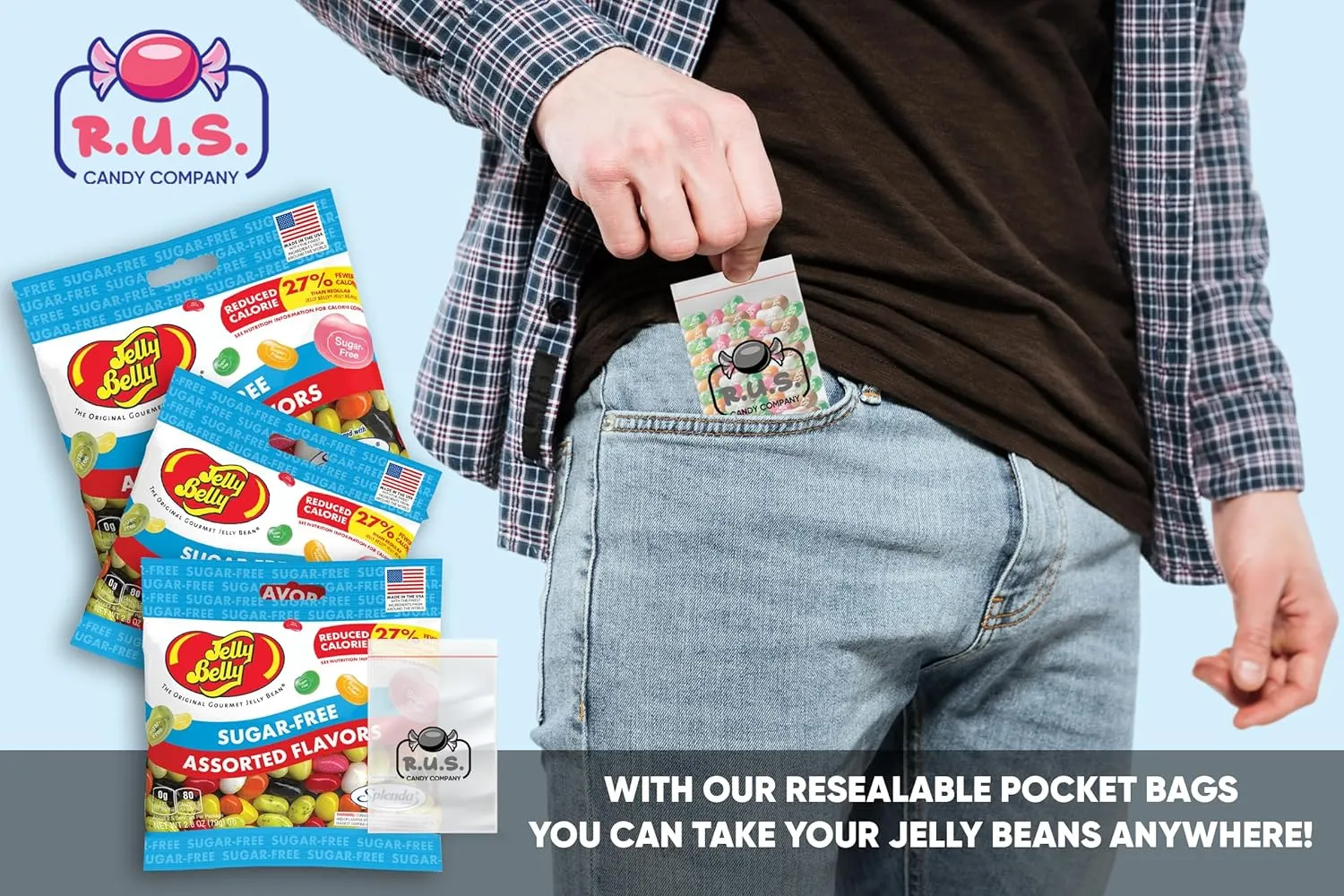 Jelly Belly Assorted Sugar Free Jelly Beans - 2.8 oz bag- Sugar Free Candy Jelly Belly, Low Calorie Jelly Beans, Sugar-Free Gourmet Jelly Beans - with a R.U.S. Candy Pocket Size Travel Bag (Assorted Sugar Free- 3 Bags)