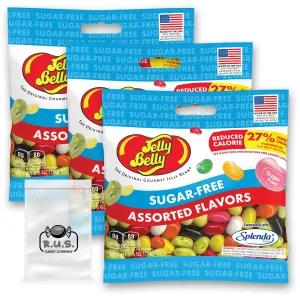 Jelly Belly Assorted Sugar Free Jelly Beans - 2.8 oz bag- Sugar Free Candy Jelly Belly, Low Calorie Jelly Beans, Sugar-Free Gourmet Jelly Beans - with a R.U.S. Candy Pocket Size Travel Bag (Assorted Sugar Free- 3 Bags)