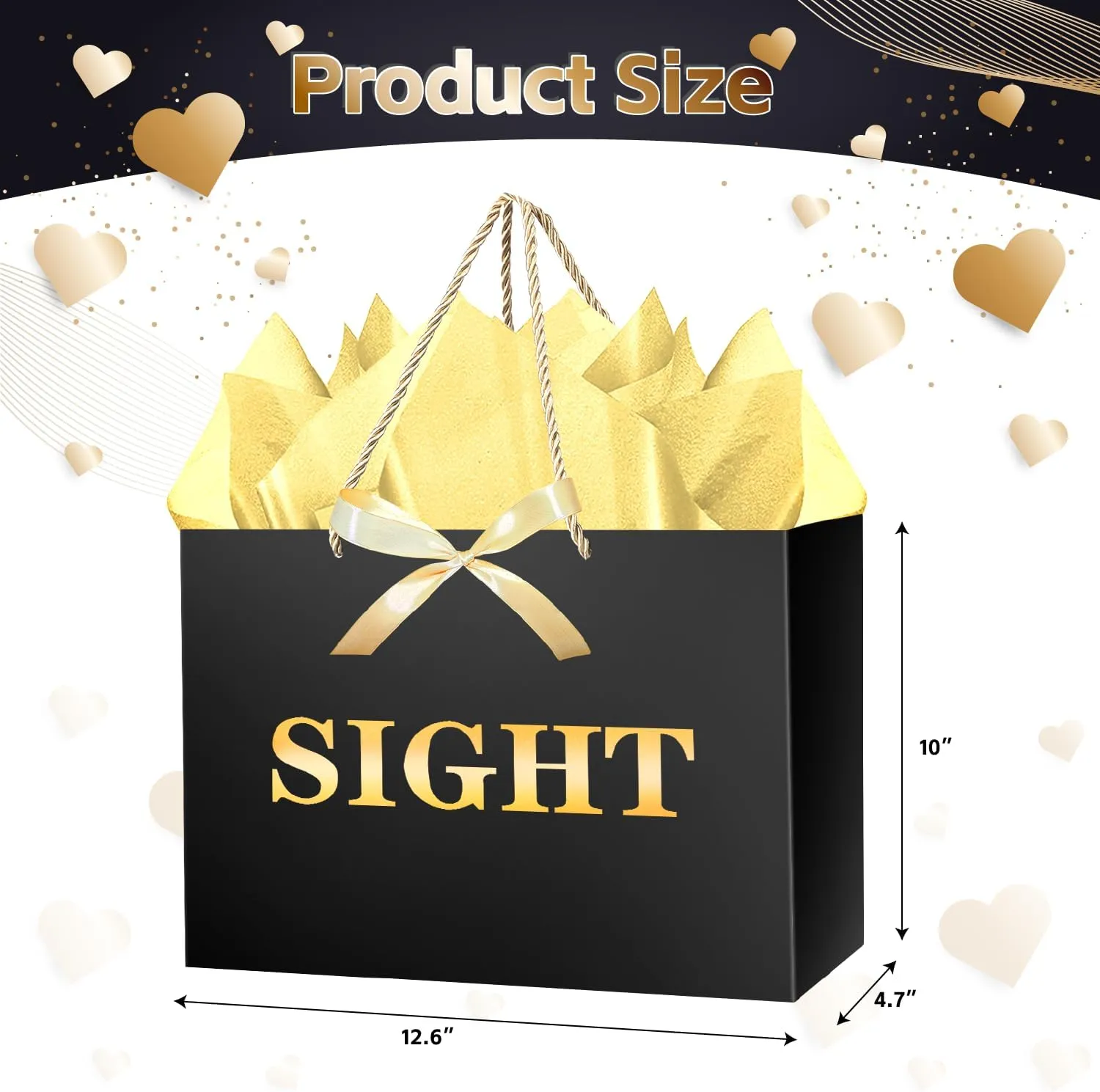 JWSCYSY 12.6" 5 Senses Gift Bags with Tissue Papers and Ribbons for Men, Women, Him Her Birthday, Anniversary, Wedding, Valentine's Day (Black Gold)