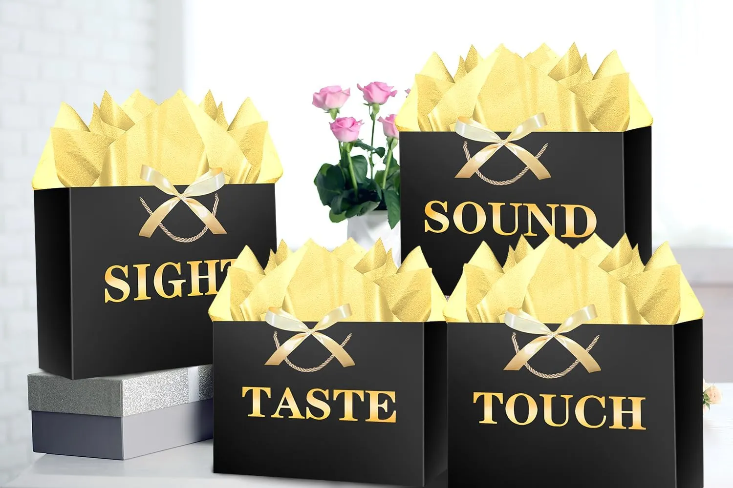 JWSCYSY 12.6" 5 Senses Gift Bags with Tissue Papers and Ribbons for Men, Women, Him Her Birthday, Anniversary, Wedding, Valentine's Day (Black Gold)