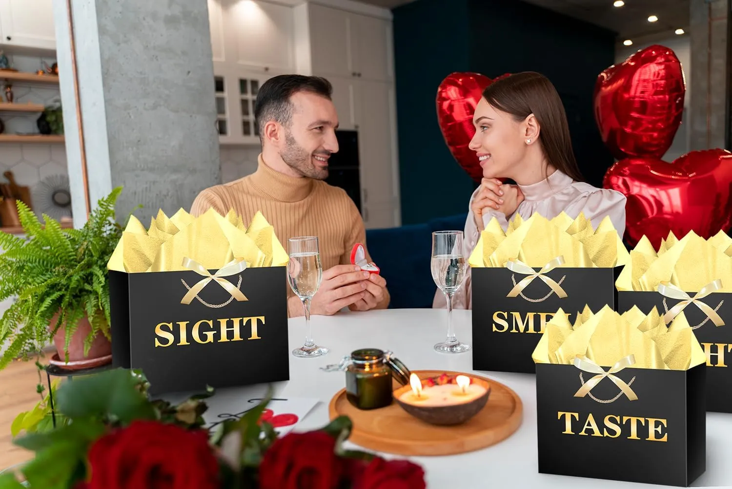 JWSCYSY 12.6" 5 Senses Gift Bags with Tissue Papers and Ribbons for Men, Women, Him Her Birthday, Anniversary, Wedding, Valentine's Day (Black Gold)