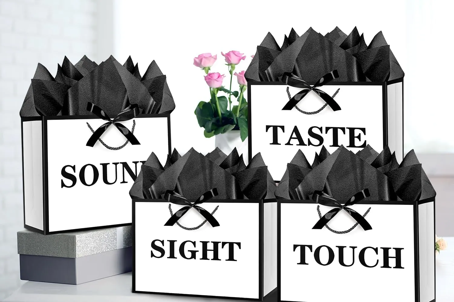 JWSCYSY 12.6" 5 Senses Gift Bags with Tissue Papers and Ribbons for Men, Women, Him Her Birthday, Anniversary, Wedding, Valentine's Day (White Black)