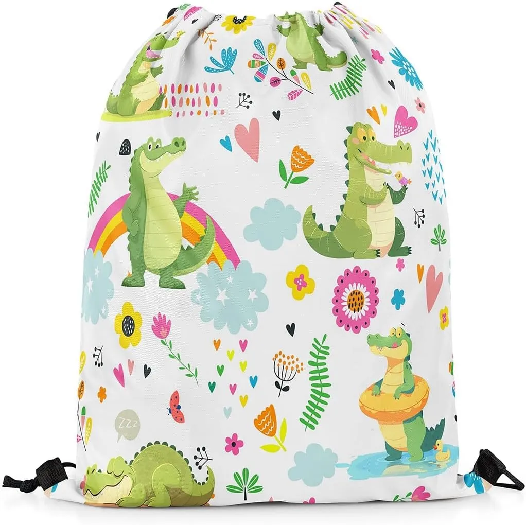Kawaii Crocodile Drawstring Backpack 13x15.7, Cute Rainbow Crocodile Soft String Bag, Cartoon Flower Animal Sackpack For Sport Gym Traveling, Jungle Animal Cinch Bags
