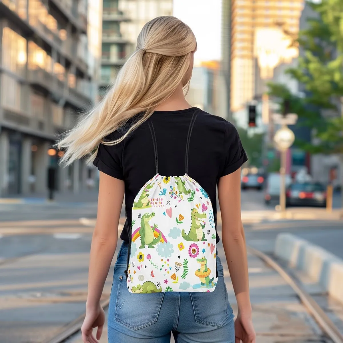 Kawaii Crocodile Drawstring Backpack 13x15.7, Cute Rainbow Crocodile Soft String Bag, Cartoon Flower Animal Sackpack For Sport Gym Traveling, Jungle Animal Cinch Bags