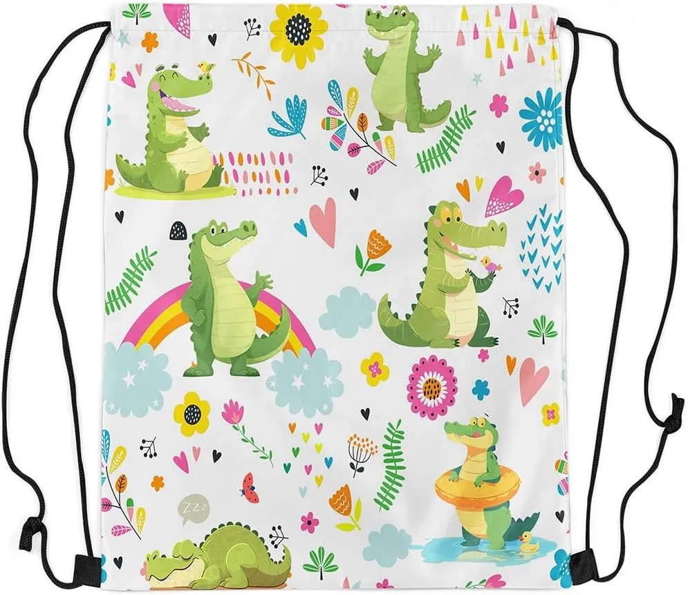 Kawaii Crocodile Drawstring Backpack 13x15.7, Cute Rainbow Crocodile Soft String Bag, Cartoon Flower Animal Sackpack For Sport Gym Traveling, Jungle Animal Cinch Bags