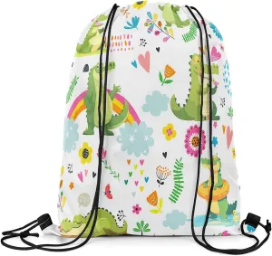 Kawaii Crocodile Drawstring Backpack 13x15.7, Cute Rainbow Crocodile Soft String Bag, Cartoon Flower Animal Sackpack For Sport Gym Traveling, Jungle Animal Cinch Bags
