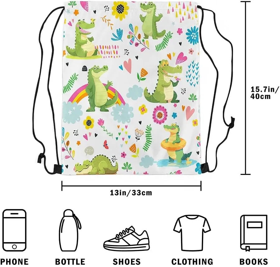 Kawaii Crocodile Drawstring Backpack 13x15.7, Cute Rainbow Crocodile Soft String Bag, Cartoon Flower Animal Sackpack For Sport Gym Traveling, Jungle Animal Cinch Bags