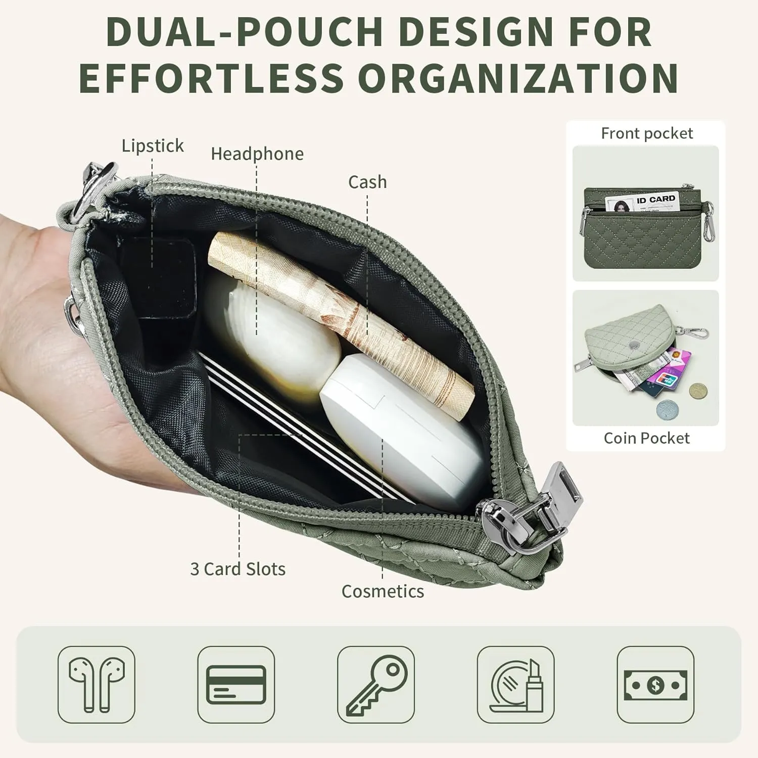 Keychain Wristlet Wallet for Women Zippered Dual Pouch Wristlet Nylon Coin Purse Small Wallet with Key Ring