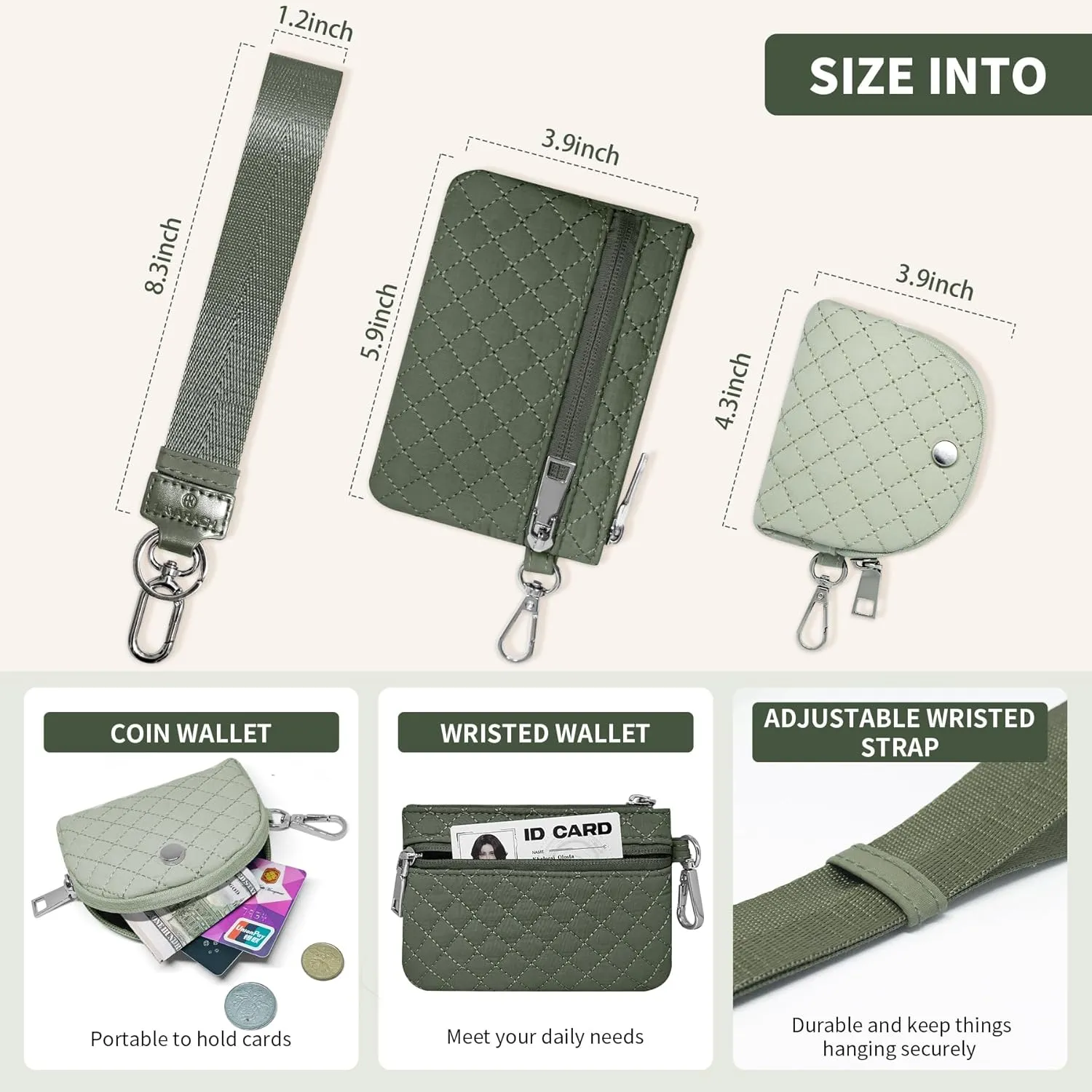 Keychain Wristlet Wallet for Women Zippered Dual Pouch Wristlet Nylon Coin Purse Small Wallet with Key Ring