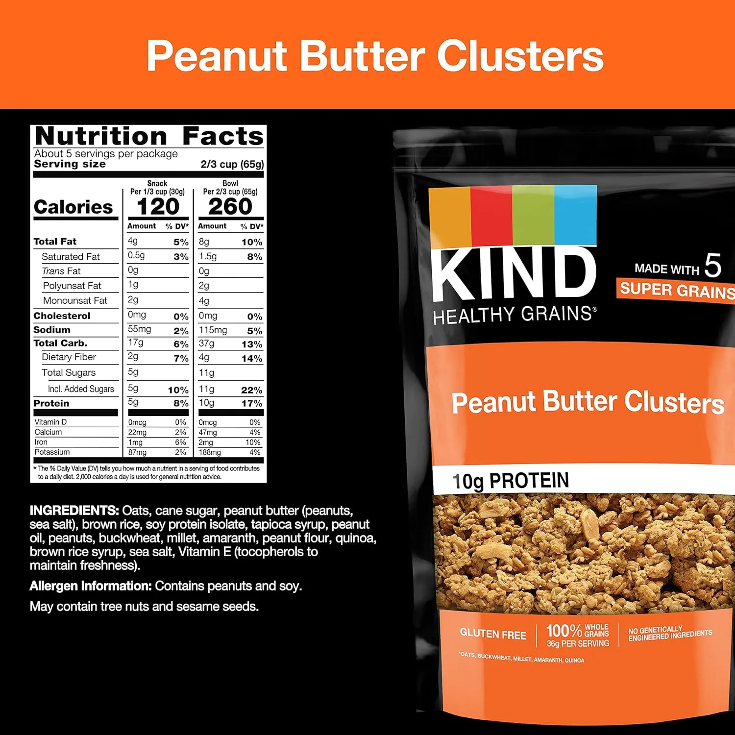 KIND Healthy Grains Granola, Peanut Butter Clusters, Healthy Snacks, Gluten Free, 100% Whole Grains, 10g Protein, 11oz, 3 Count