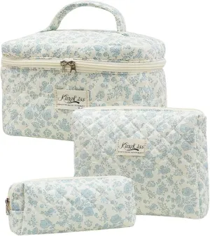 kingkiss Makeup Bag, Quilted Cosmetic Bag, Large Capacity Make Up Bag for Women, Cute Floral Storage Toiletry Bag Travel Storage Makeup Bag (Blue Flower)