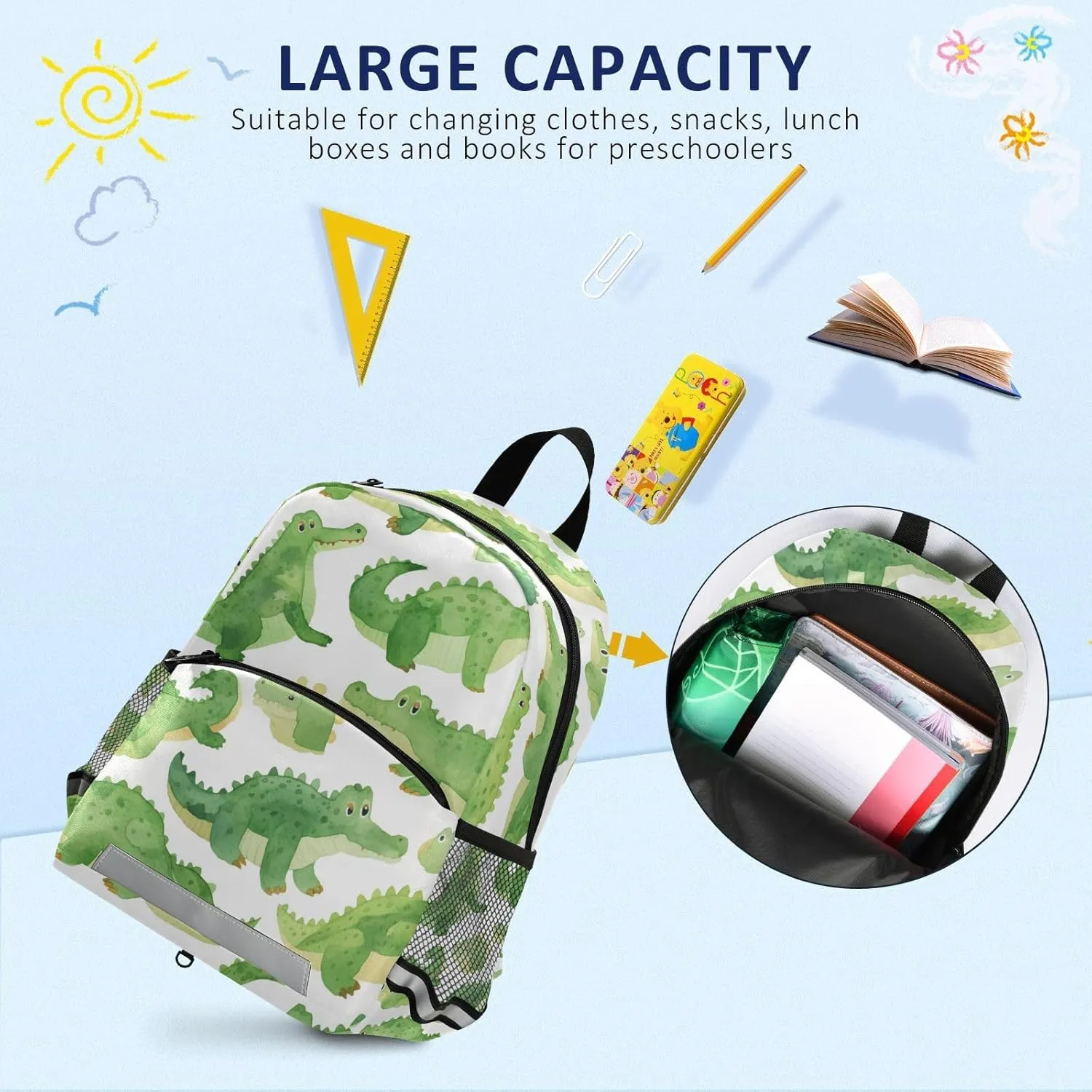 KLL Cute Backpack for Kindergarten Cute Cartoon Crocodile Alligator Watercolor Cute Travel Bookbag