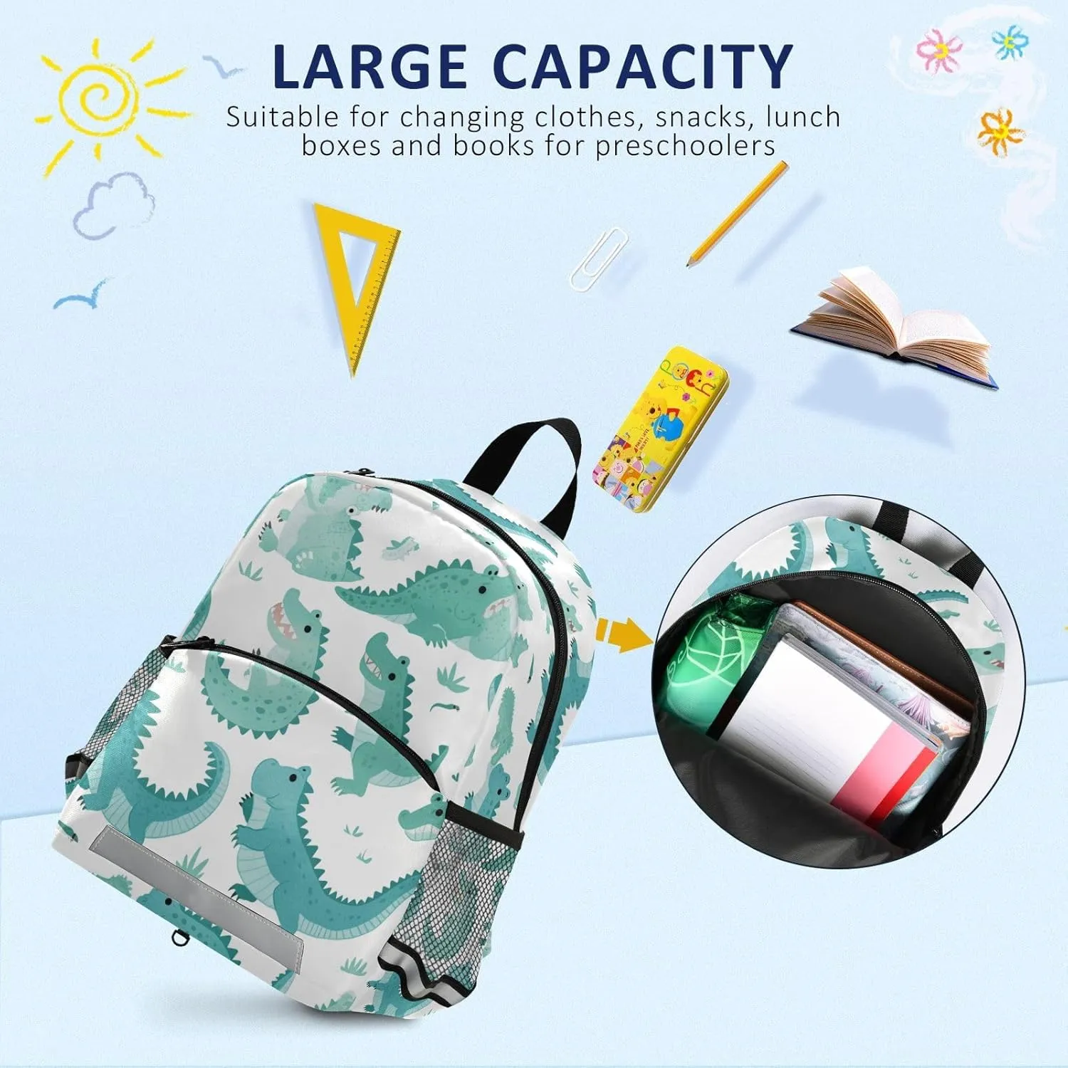 KLL Cute Cartoon Crocodile Alligator Kindergarten Preschool Backpack Multifunctional Mini Book Bag for School Travel