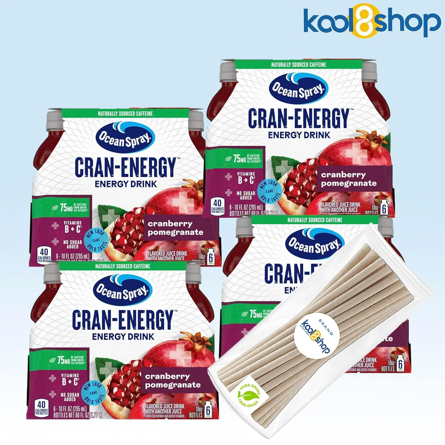 KOOL8SHOP Cranberry Pomegranate Energy Juice Drink, 24-Pack of 10 oz Plastic Bottles   15 Sugarcane Compostable Biodegradable 7" Length Individual Wraped Straws by KOOL8SHOP Infinite Deals