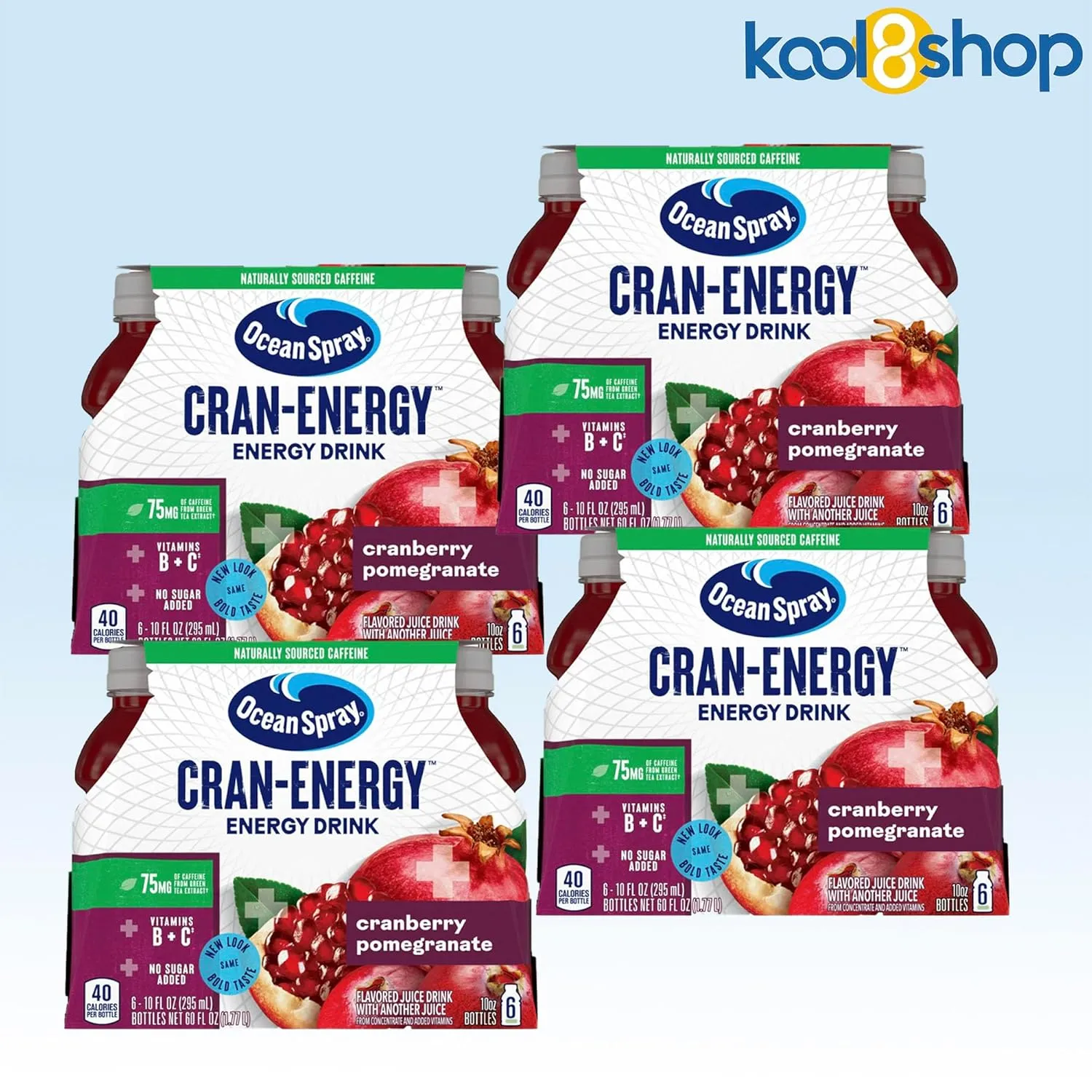 KOOL8SHOP Cranberry Pomegranate Energy Juice Drink, 24-Pack of 10 oz Plastic Bottles   15 Sugarcane Compostable Biodegradable 7" Length Individual Wraped Straws by KOOL8SHOP Infinite Deals