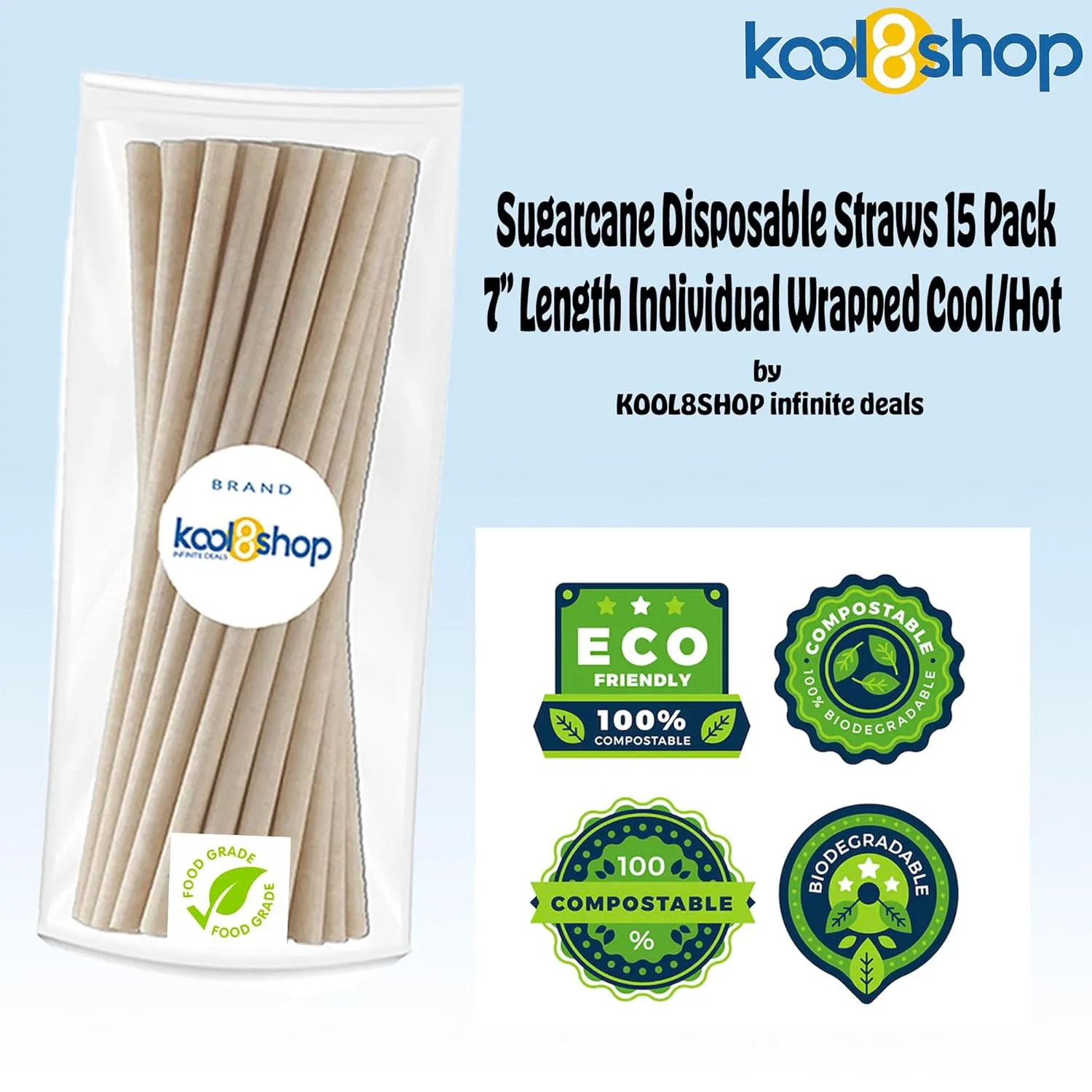 KOOL8SHOP Cranberry Pomegranate Energy Juice Drink, 24-Pack of 10 oz Plastic Bottles   15 Sugarcane Compostable Biodegradable 7" Length Individual Wraped Straws by KOOL8SHOP Infinite Deals