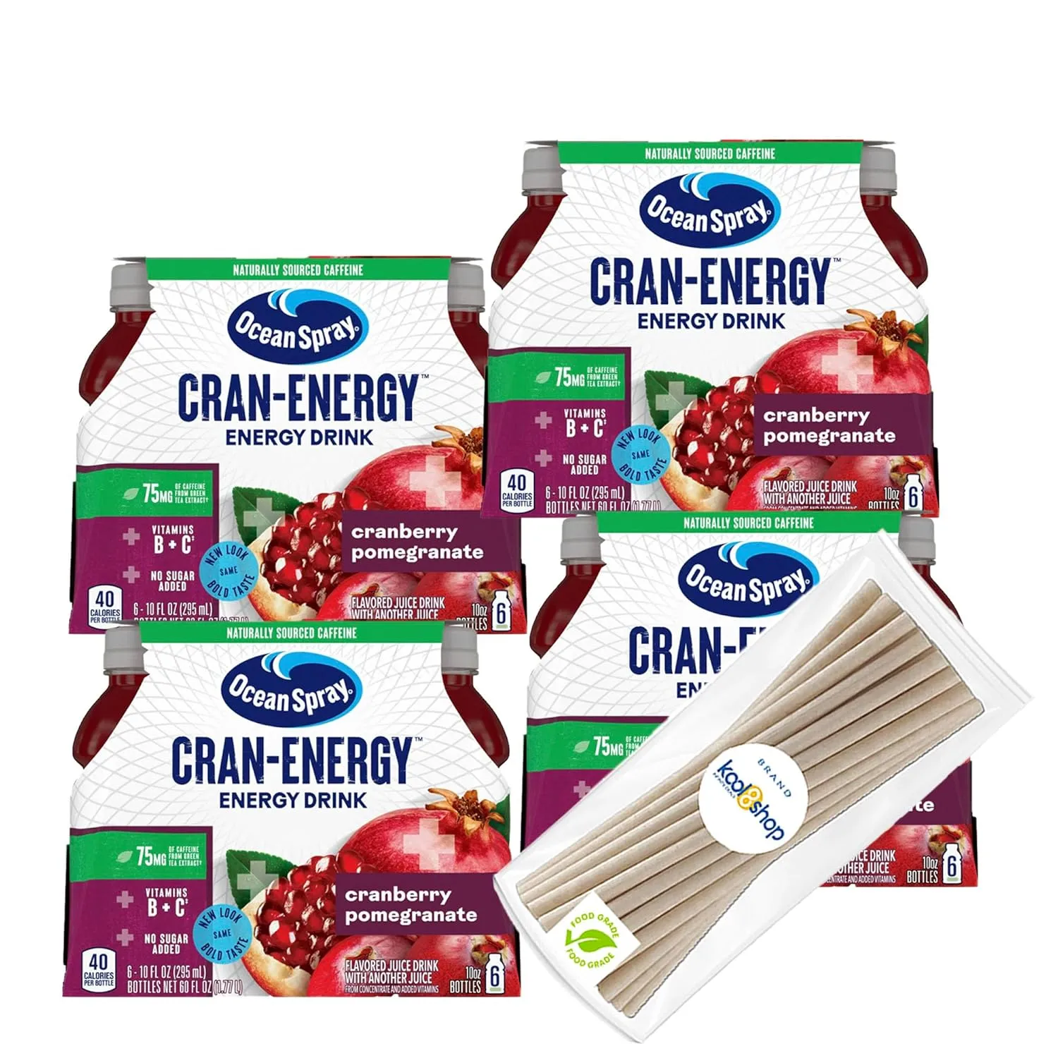 KOOL8SHOP Cranberry Pomegranate Energy Juice Drink, 24-Pack of 10 oz Plastic Bottles   15 Sugarcane Compostable Biodegradable 7" Length Individual Wraped Straws by KOOL8SHOP Infinite Deals