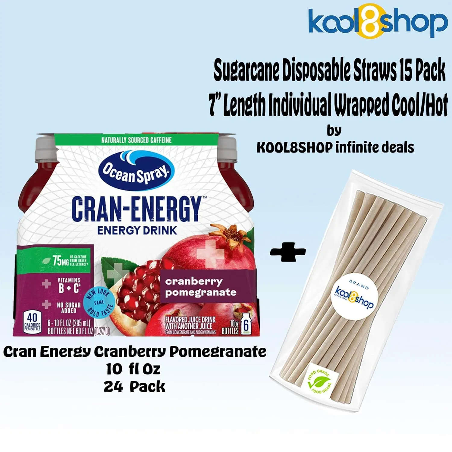 KOOL8SHOP Cranberry Pomegranate Energy Juice Drink, 24-Pack of 10 oz Plastic Bottles   15 Sugarcane Compostable Biodegradable 7" Length Individual Wraped Straws by KOOL8SHOP Infinite Deals