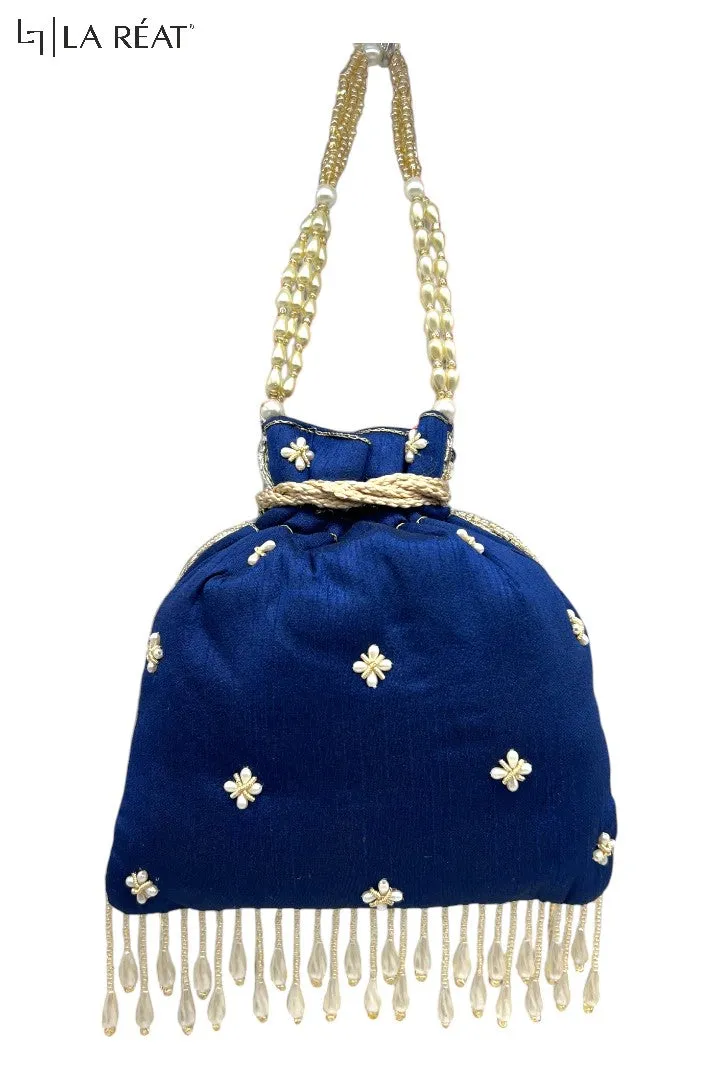 La Reat Charm Women's Blue Bridal Hand Embroidery Potli Bags in Blue