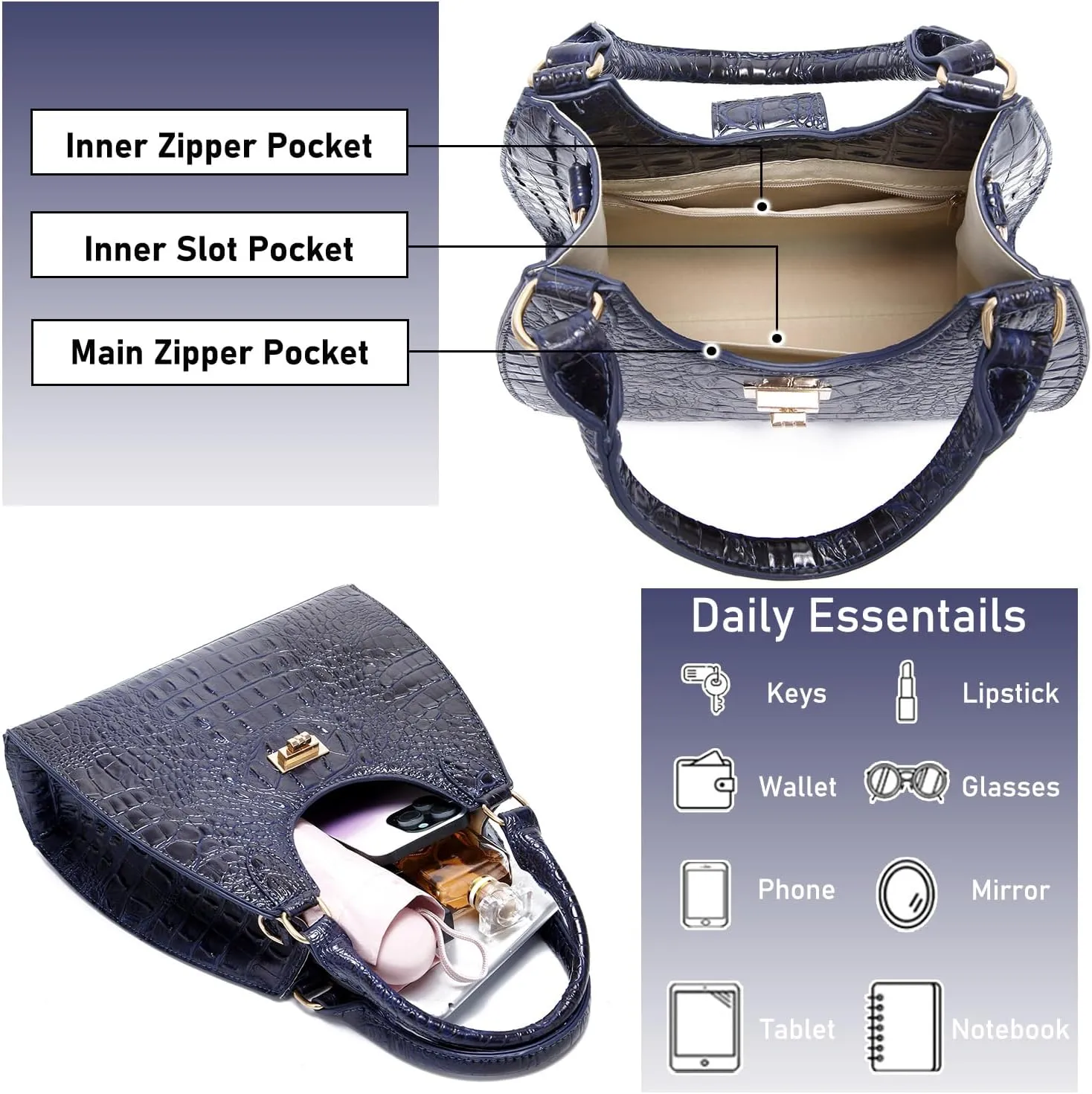Ladies Tote Leather Bags for Women Crocodile Embossed Zipper Satchel Purse Classy Compartments Crossbody bag