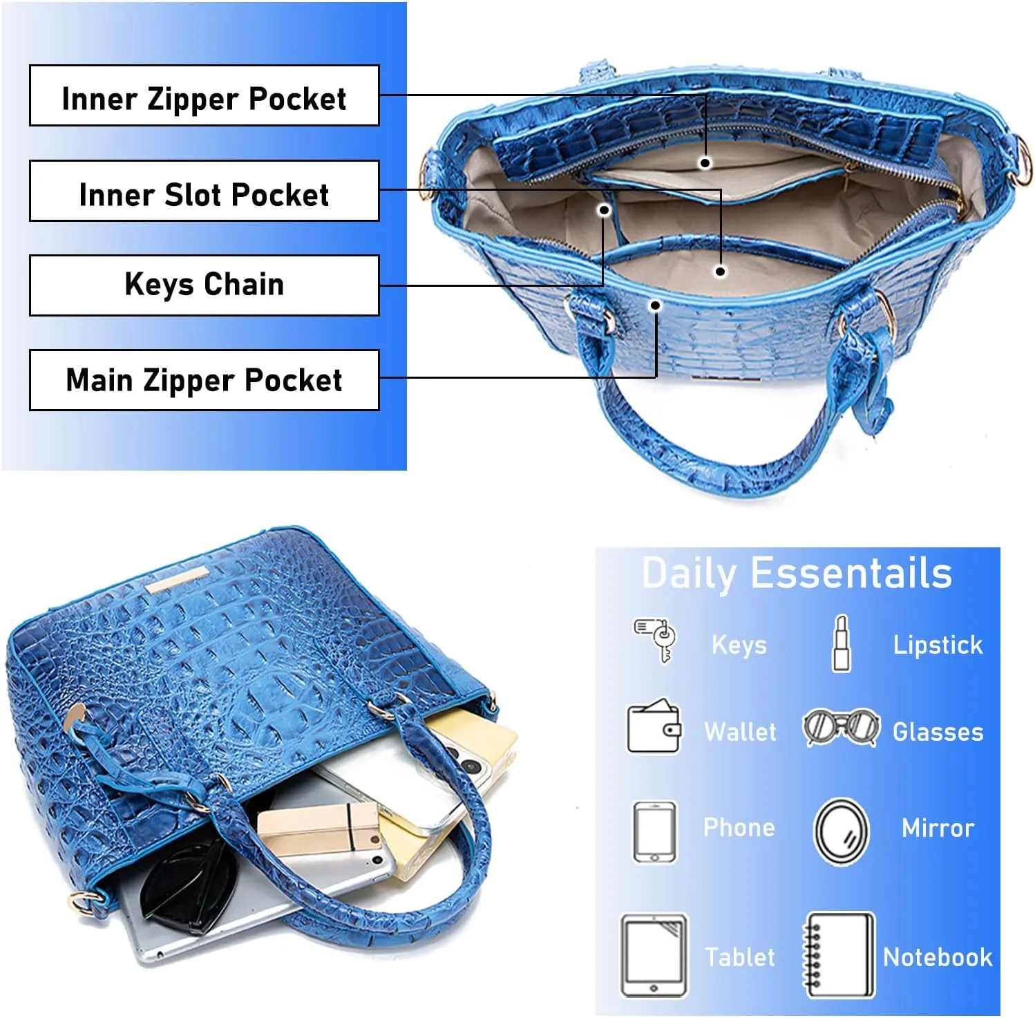 Ladies Tote Leather Bags for Women Crocodile Embossed Zipper Satchel Purse Elegant Compartments Crossbody Work