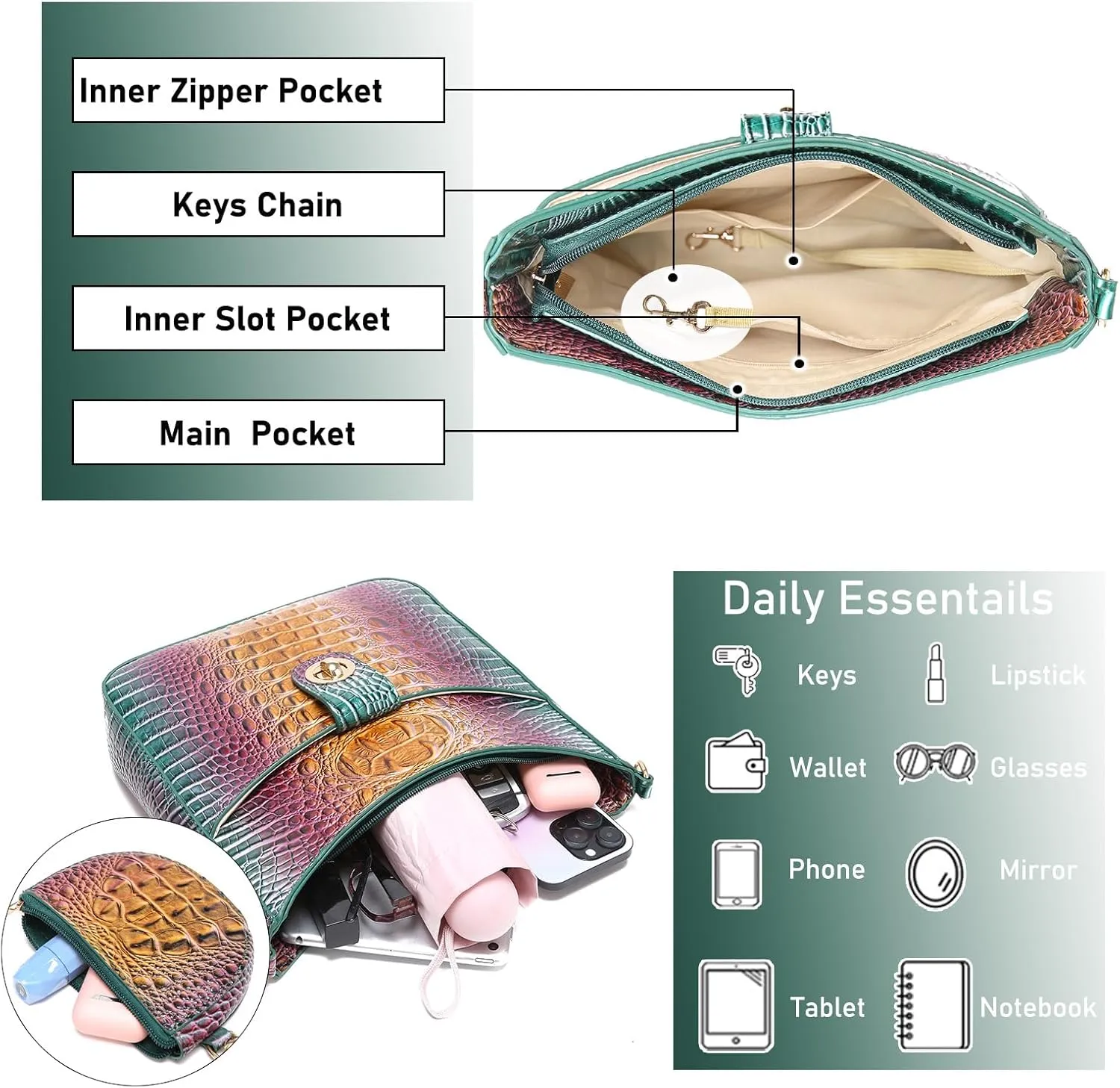 Ladies Tote Leather Bags for Women Crocodile Pattern HandBag Large Capacity Shoulder Purse