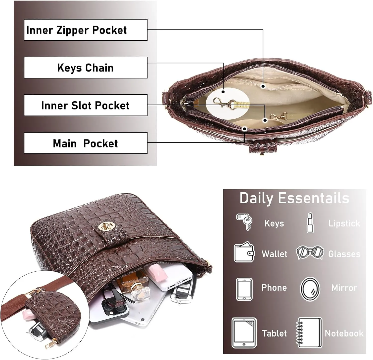Ladies Tote Leather Bags for Women Crocodile Pattern HandBag Large Capacity Shoulder Purse