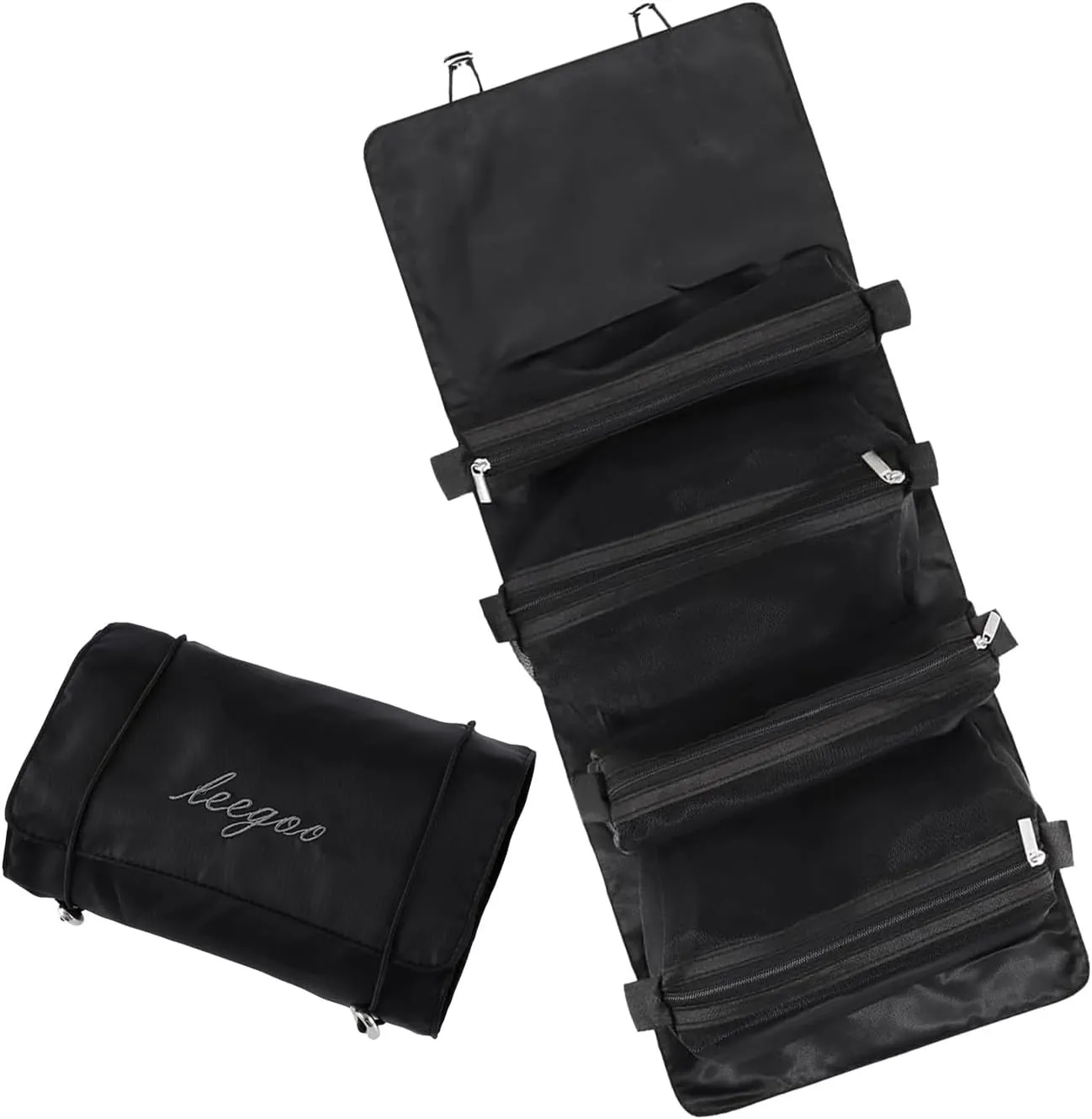 LAKSMI 4-in-1 Hanging Cosmetic Organizer - Portable Detachable Folding Mesh Travel Bag Set with Multiple Compartments, Ideal for Makeup and Toiletries,Black