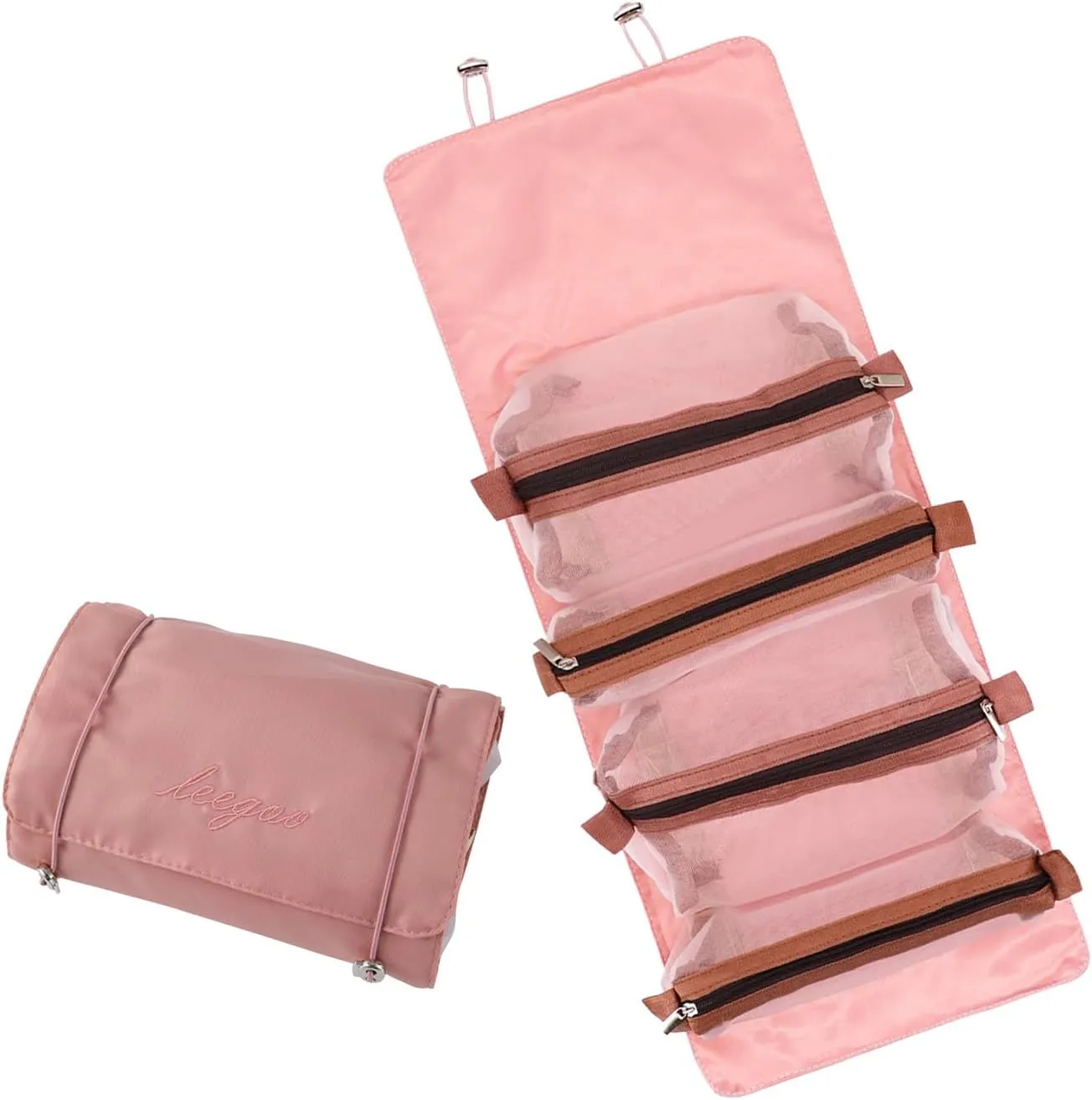 LAKSMI 4-in-1 Hanging Cosmetic Organizer - Portable Detachable Folding Mesh Travel Bag Set with Multiple Compartments, Ideal for Makeup and Toiletries,Pink