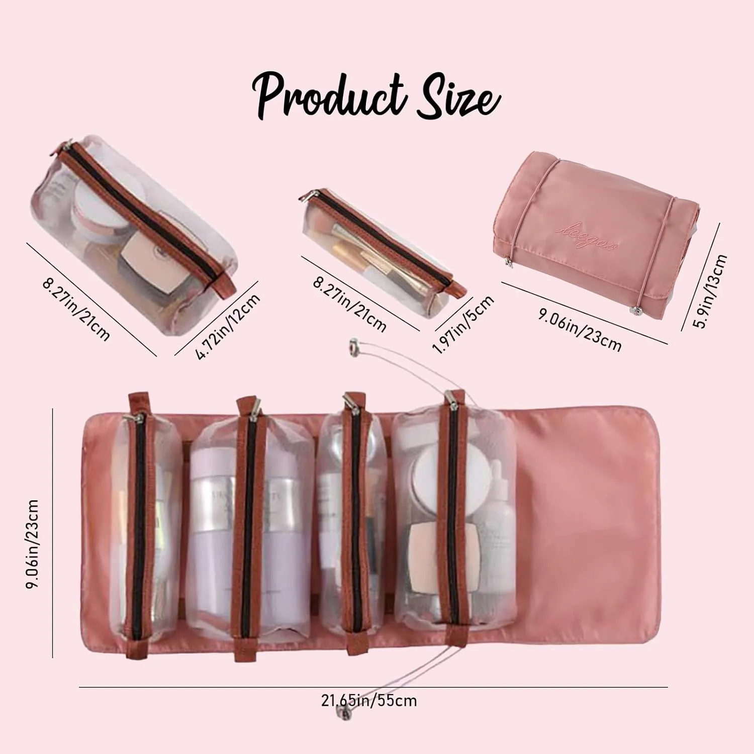 LAKSMI 4-in-1 Hanging Cosmetic Organizer - Portable Detachable Folding Mesh Travel Bag Set with Multiple Compartments, Ideal for Makeup and Toiletries,Pink